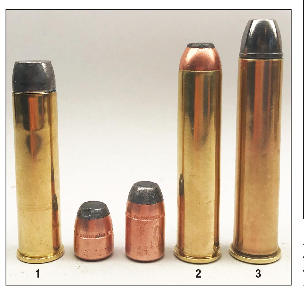 These .50-caliber cartridges include (1) a .50 AK with 300- and 350-grain DKT softnose bullets with .035-inch jackets, (2) .50-110-300 Winchester and (3) .50-90 2½-inch Sharps.